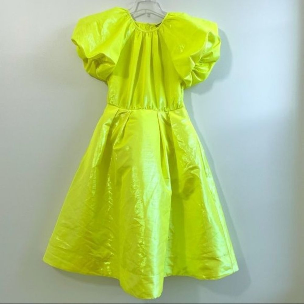 Christopher Rogers Woman Yellow Midi Dress XS Volume Iridescent Puff Sleeve New - Picture 5 of 15